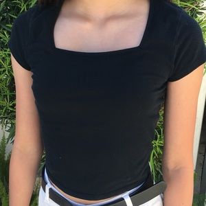 Black crop top tee with square neckline.